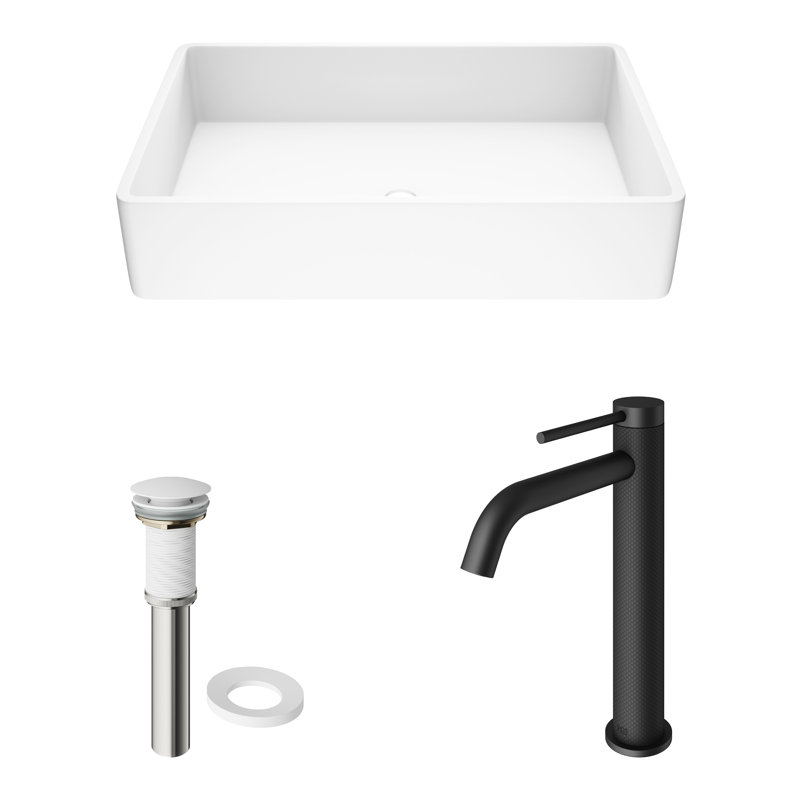 Magnolia 21" L x 14" W x 5" H Rectangular White Matte Stone Vessel Bathroom Sink with 10" H Faucet, Matte Black