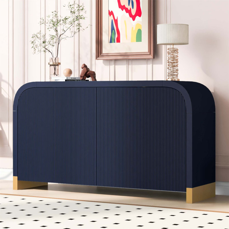 4-Door Curved Corner Design Wavy Door Panel Cabinet with Adjustable Shelves, Perfect for Study and Living Room, Navy Blue