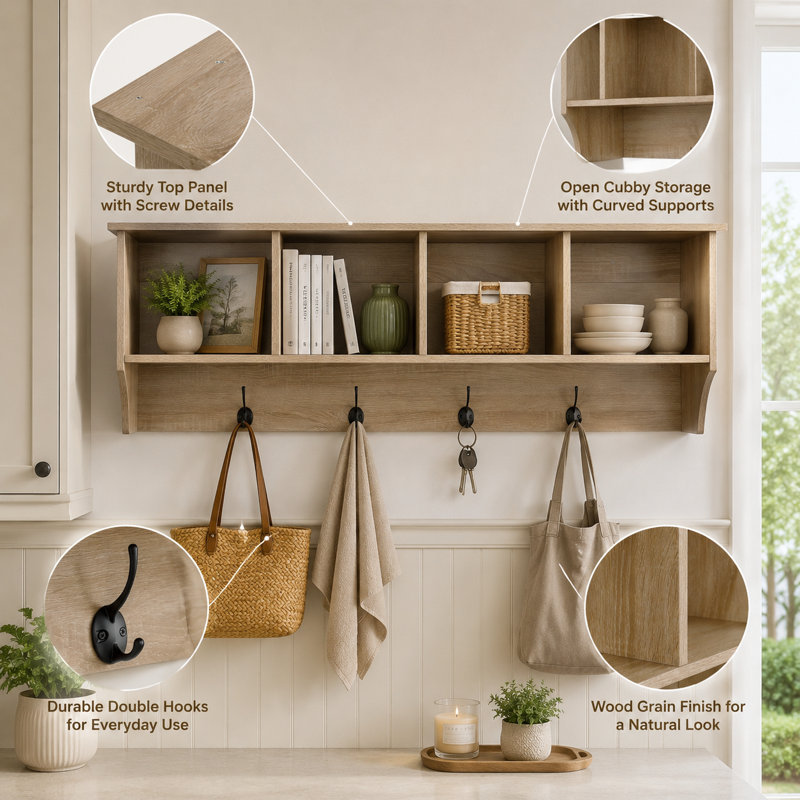 Caoilin 4-Hook Wall Mounted Coat Rack, Birchwood With 4 Individual Compartments