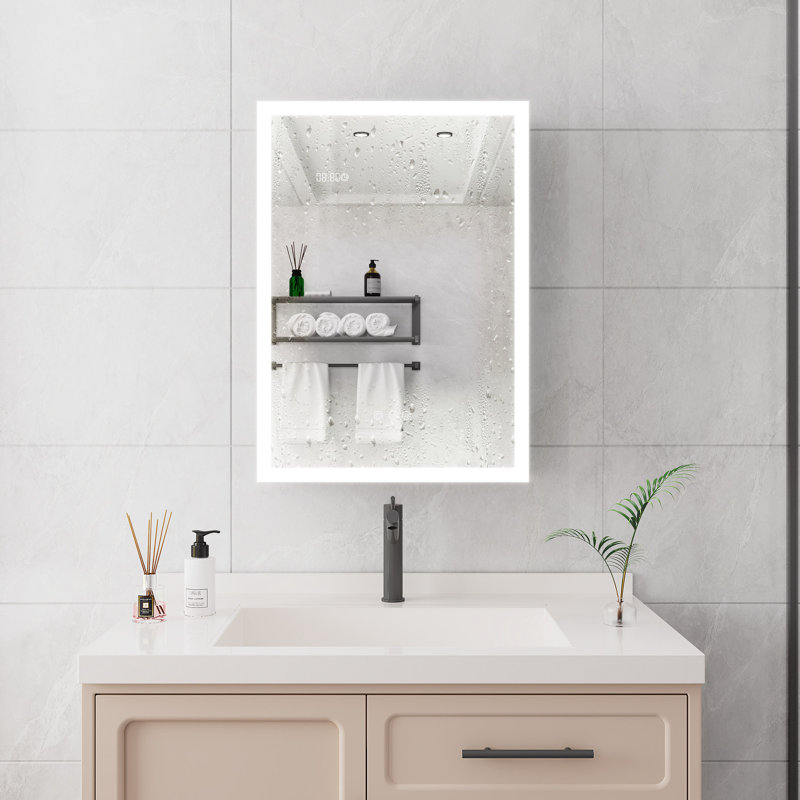 Armoire de salle de bain 28 po x 20 po - Lumières à DEL avec miroir, gradateur, affichage de l'heure et de la température, montage en surface, pharmacie argentée, horloge numérique longue durée