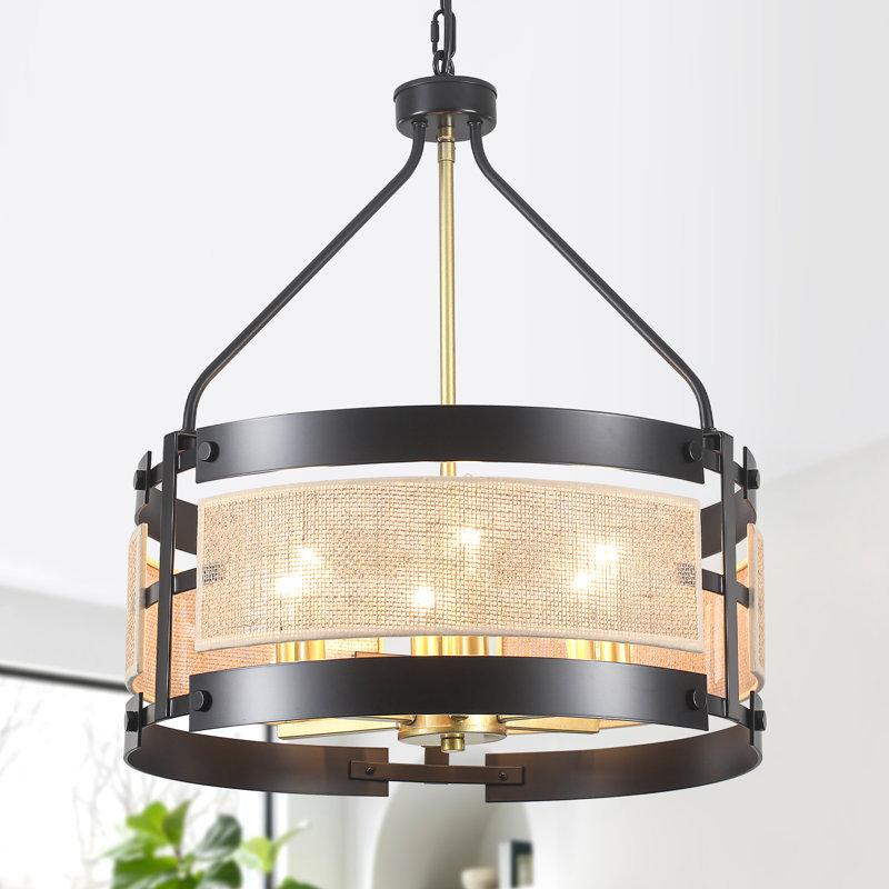6 - Light 18.9" Dimmable Metal Drum Cage Design Candle Chandelier With Hemp Rope Fabric Shade For Kitchen Living Room Foyer Entryway