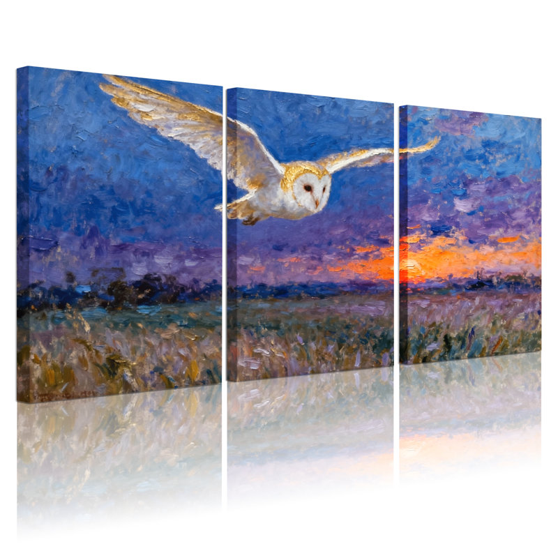 Oiseaux hiboux en vol au coucher du soleil, ensemble de 3 impressions sur toile, H 24 po x l 48 po