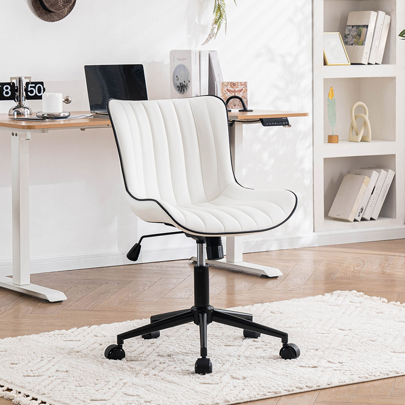 Brionni Leather Swivel Task Chair with Casters, White Seat/ Black Frame