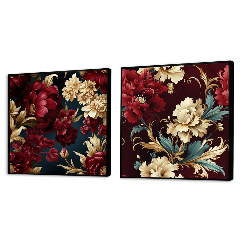 Ensemble de 2 motifs floraux Renaissance, Cadre flottant noir, H 16 po x l 33 po
