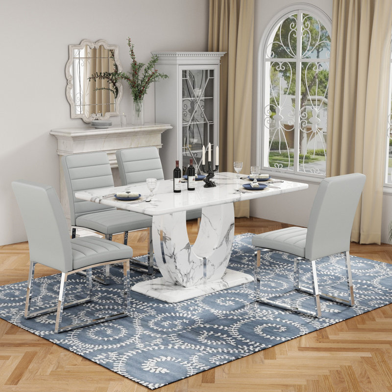 Dining Table set with PU Leather Upholstered Chairs, 5 Pieces: Table, 4 Chairs, Silver, Light Gray