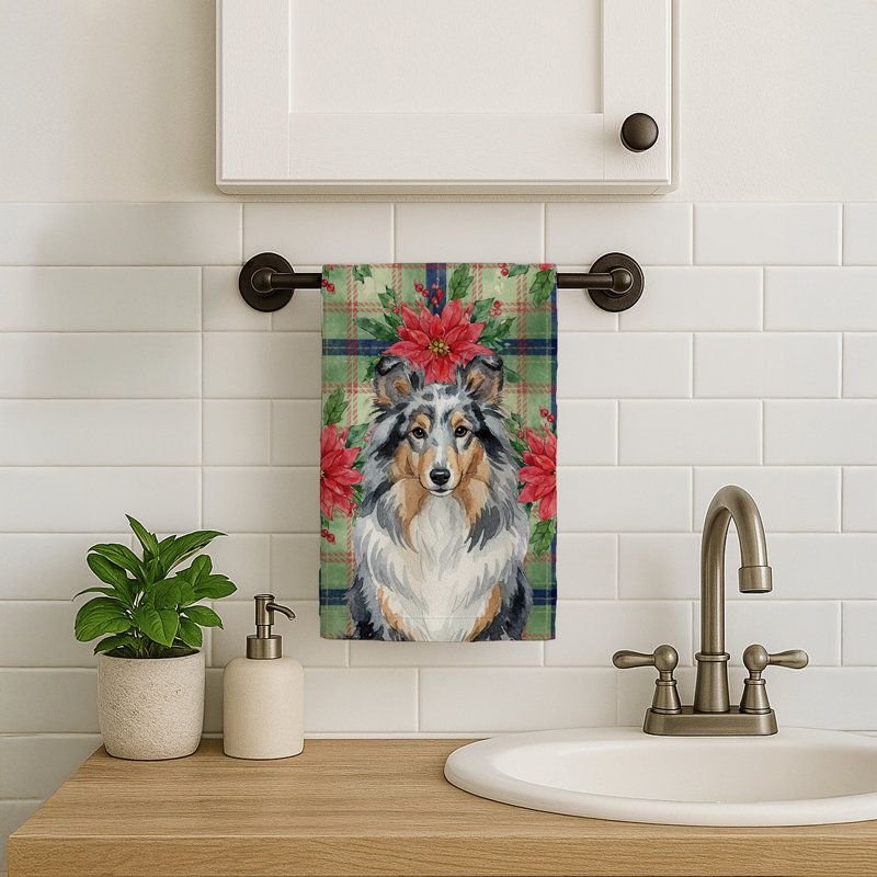 Blue Merle Sheltie Christmas PoinsettIas Kitchen Towel, Blue Merle Sheltie