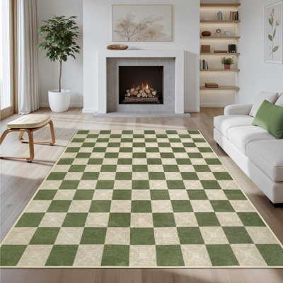 Tapis à carreaux vert et beige 5 pi x 7 pi pour couloir de bureau