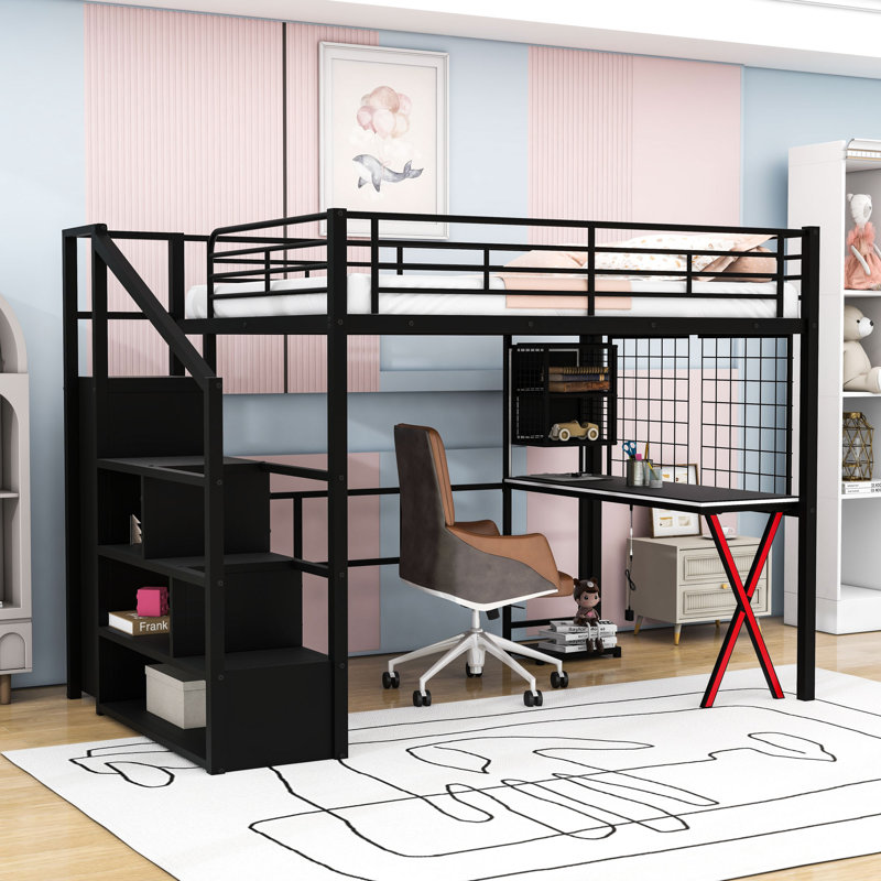 Loft Bed With LED Strip, Built-In Desk, Open Wardrobe, Storage Stairs And Guardrails, Full, Black