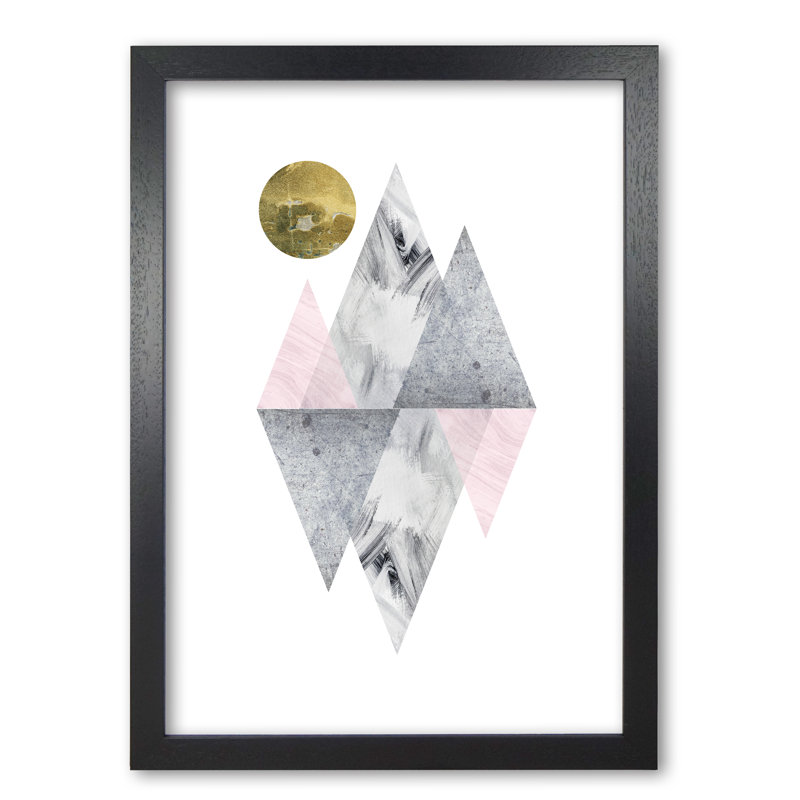 Pink And Grey Diamonds With Gold Moon Abstract - Print, Black Grain Frame, 30 cm H x 21 cm W x 5 cm D