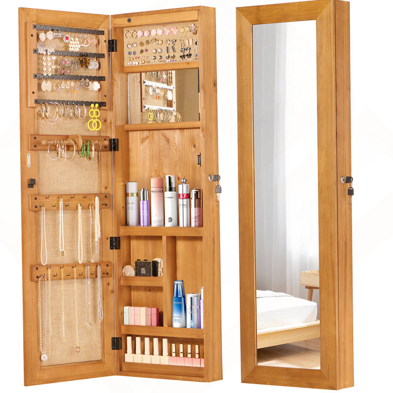 Armoire-penderie pour armoire à bijoux en bois massif avec miroir pleine longueur, 47,5 x 14,3 po, verrouillable au mur avec lumière DEL