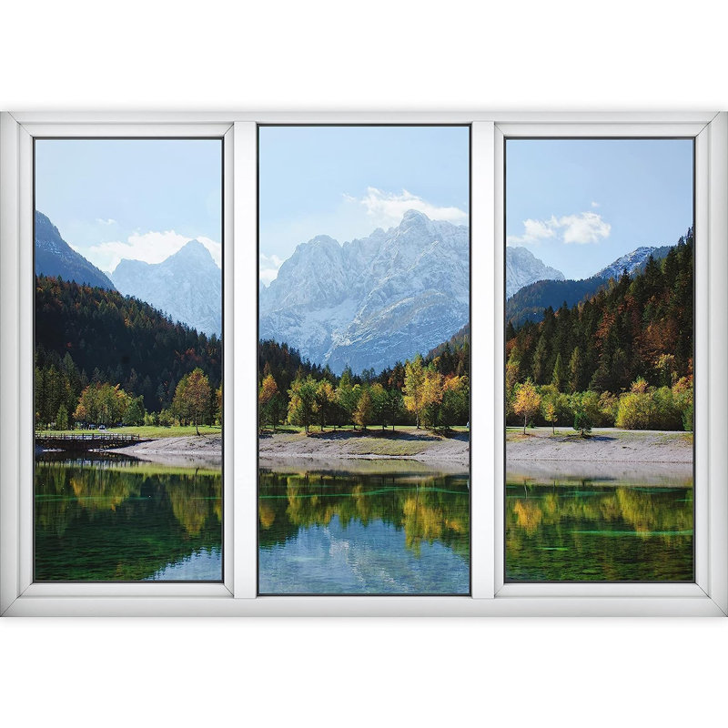 Scenic Mountain Range Autumn Lake Nature Wilderness Landscape Rustic Window Door, 100" L x 144" W