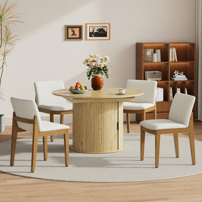 Ensemble de table de salle à manger moderne extensible avec chaises rembourrées, plateau de table ovale pliable et rangement caché, finition grain de bois