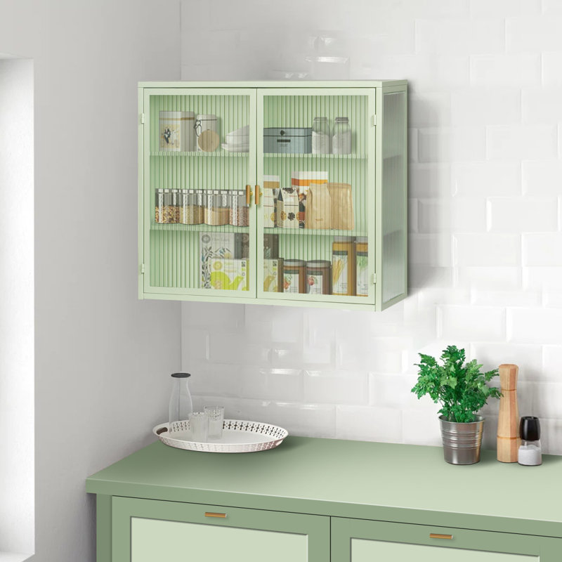 Glass Doors Modern Two-Door Wall Cabinet With Featuring Three-Tier Storage, Green