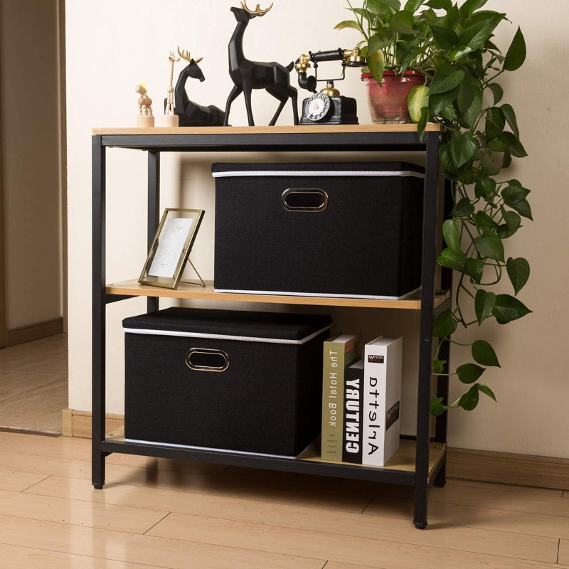 Black Fabric Foldable Storage Bins with Stainless Steel Handles