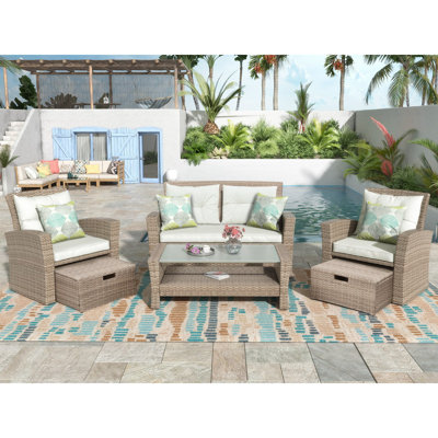 Patio Furniture Set, 4 Piece Outdoor Conversation Set All Weather Wicker Sectional Sofa With Ottoman And Cushions -  Red Barrel StudioÂ®, 85A3DD422E7B4651A79C1FDEE7190A8B