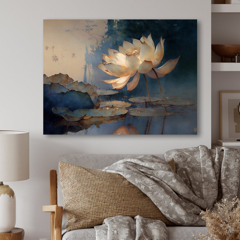 Blanc rétro lotus à l'aube - art mural encadré de lotus, H 30 po x l 40 po x P 1,5 po, Toile tendue
