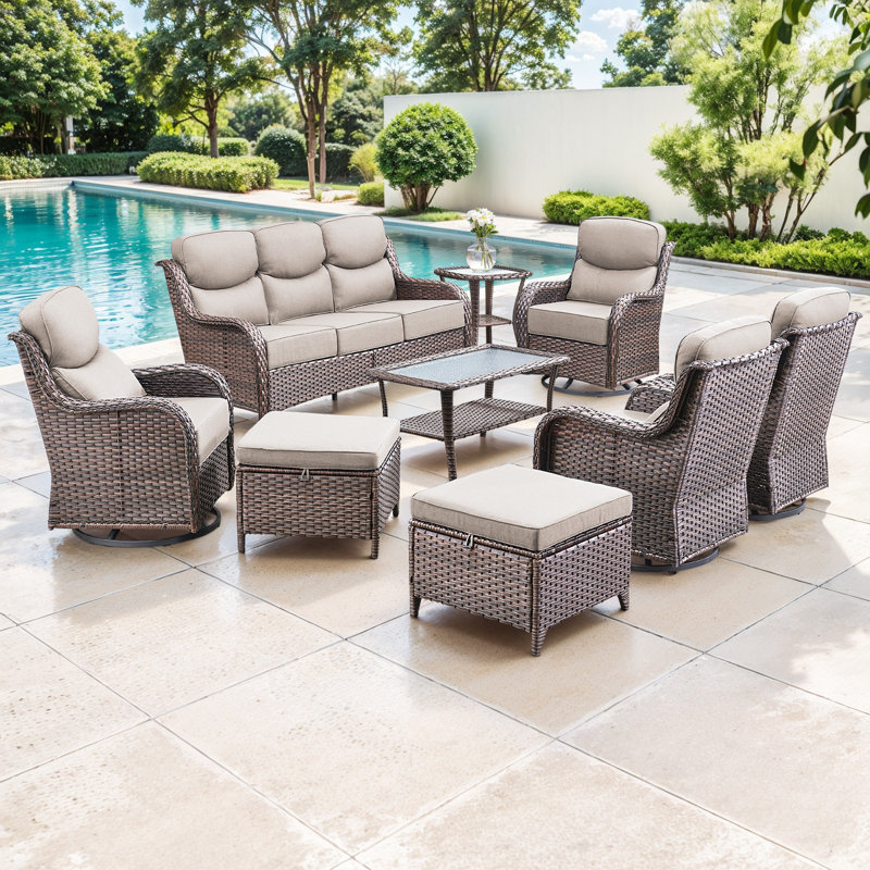  9-Piece Patio Furniture Set With Swivel Glider Chairs, 6-Inch Ultra-Plush Cushions & Water-Resistant Olefin Fabric, Beige