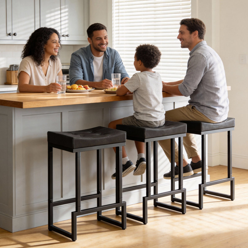 Upholstered Counter Stool with Metal Frame & Footrest, Backless Saddle Seat Counter Height Bar Stools, 3, Black