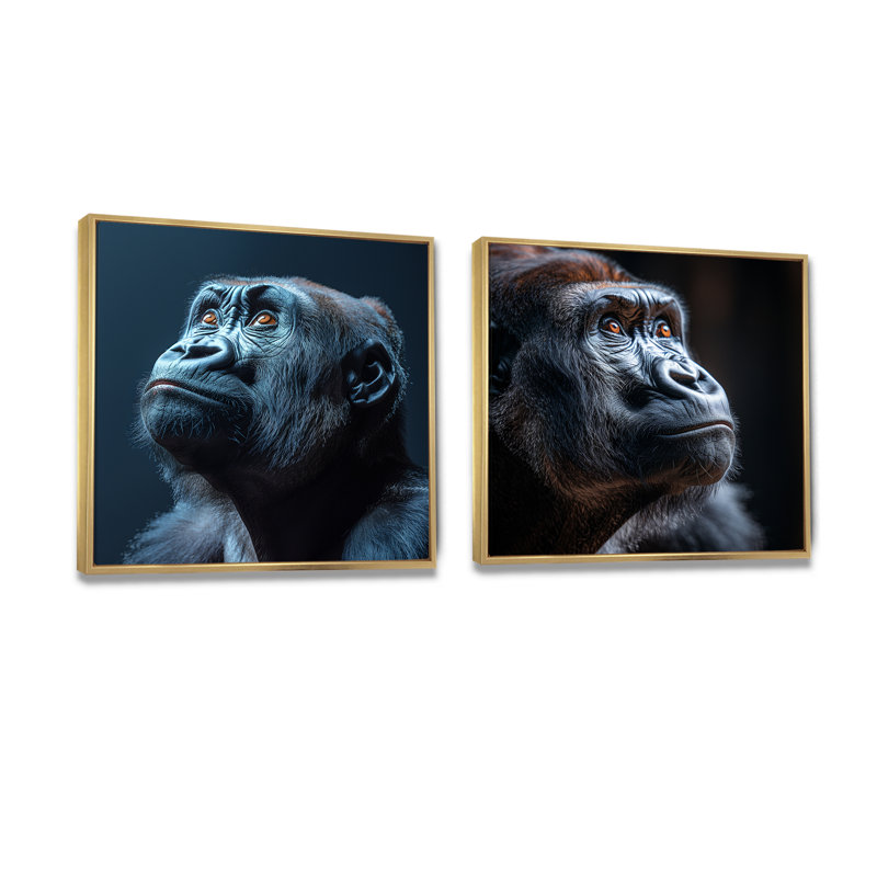Profil de gorille sur fond noir uni I - art mural gorille - ensemble de 2 décorations murales modernes, H 30 po x l 61 po