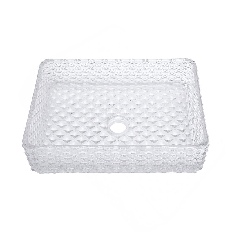 Lavabo de salle de bain rectangulaire au-dessus du comptoir pour salle de bain, design à texture de diamant, lavabo en verre trempé avec bonde escamotable (sans robinet)