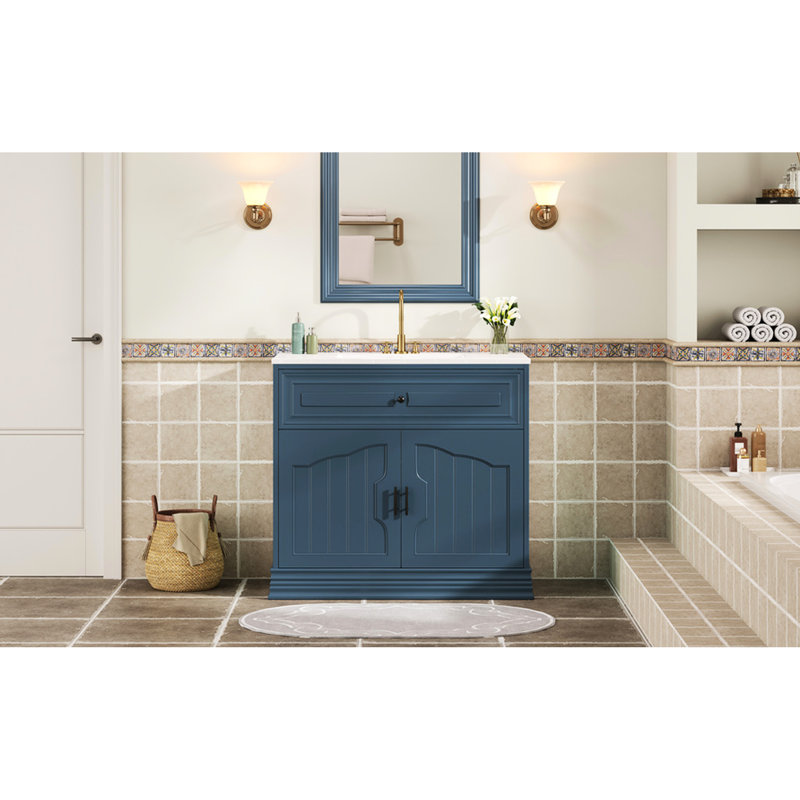 Meuble-lavabo moderne de 36 po avec lavabo en céramique, armature en bois massif, conception à deux portes, tablettes réglables, charnières à fermeture douce, portes de lavabo pratiques, cadre, rangement, Classic Line