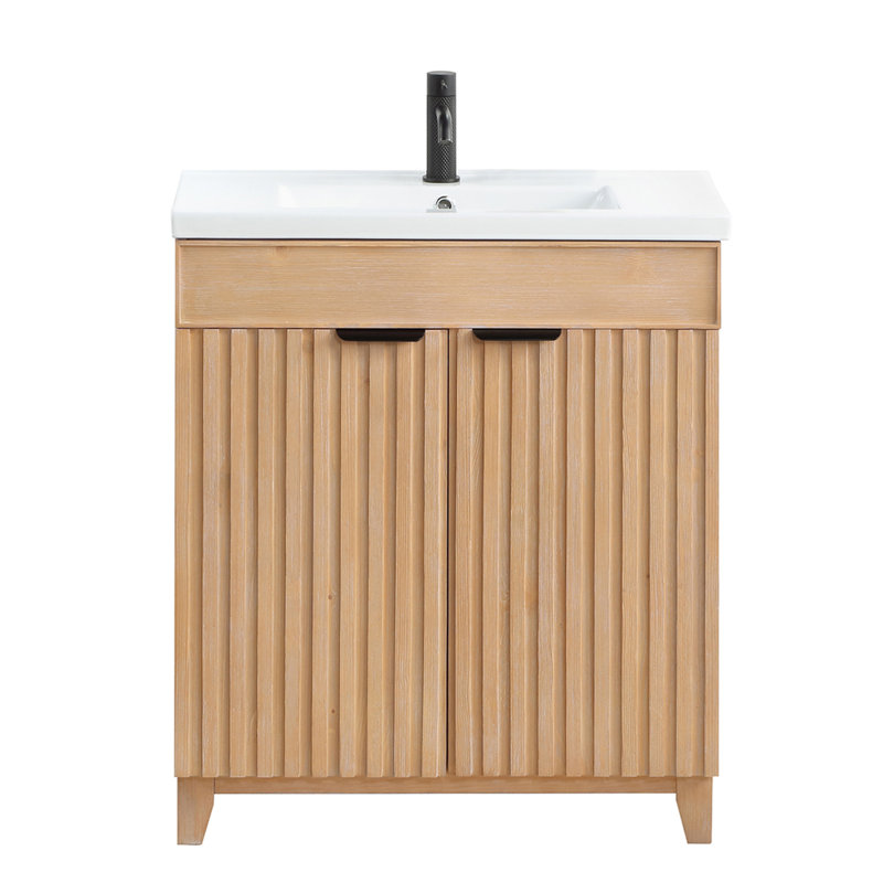 Meuble-lavabo sur pied simple 29,9 po avec plateau en céramique Dansfield, Bois de sapin brun, Noir mat