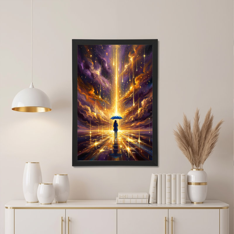 Ensemble de 1 tableau sur toile tendue « Ciel cosmique avec silhouette de parapluie », H 24 po x l 16 po