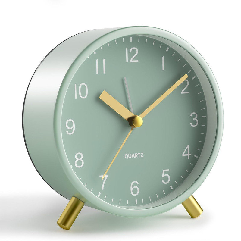 Analog Alarm Clock, 4 Inch Super Silent Non Ticking Small Clock With Night Light, Battery Alarm Clock ,  Alarm Clocks For Bedrooms,Simple Design Table Clock (Green+Gold)