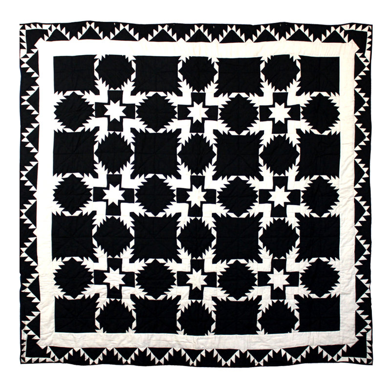 Feathered Star Rustic Cotton Patchwork Quilt, Black, Super Queen Quilt
