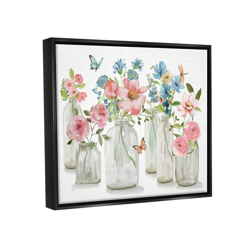 Fleurs roses et bleues, H 17 po x l 21 po x P 1,7 po, Cadre flottant noir de jais