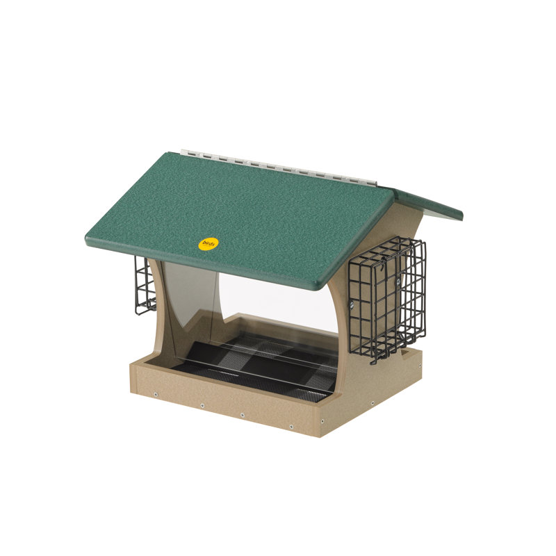 Birds Choice 12" Large Recycled Plastic Hanging or Mounted Hopper 2-Sided Bird Feeder, Taupe/Green