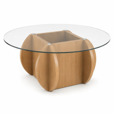Table basse ronde en verre 30 po avec base en bois sculpturale