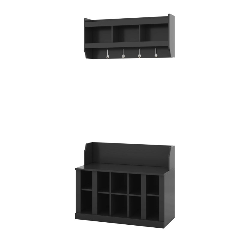 Hall Tree With Bench, Modern Hall Tree Entryway Furniture With Shelves And 4 Hook, Shoe And Coat Rack Set For Entryway, Black