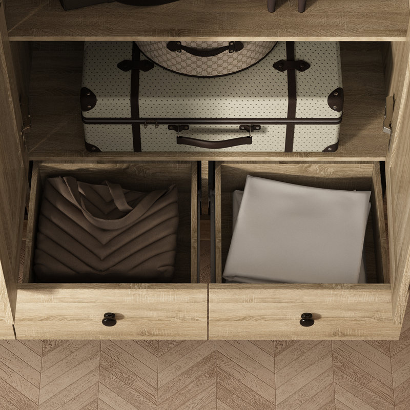 Modern 3-Door Wardrobe With Rattan Panels, Spacious Drawers, And Adjustable Shelving For Bedroom Organization