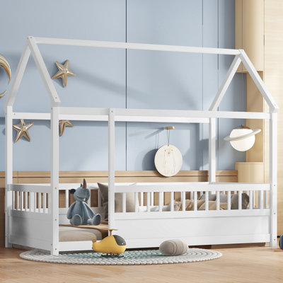 Twin Size Wooden House Floor Bed with Fence & Roof Frame, Montessori Kids Playhouse Bed for Boys & Girls, White