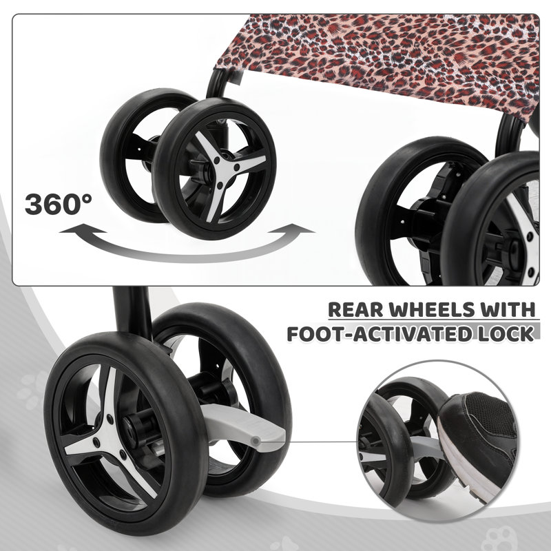 Leopard Print Steel Frame Dog Stroller with Mesh Windows