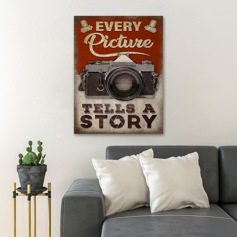 Camera On Brown And Red Background - Wrapped Canvas Textual Art, 14" H x 11" W x 2" D