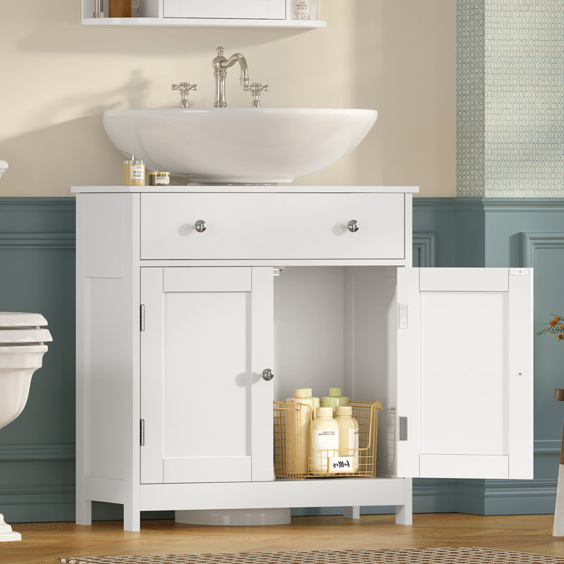 Pedestal Sink Storage Cabinet With 2 Doors And Drawer, Bathroom Sink Cabinet, Under Sink Storage With U-shape Cut-out, White