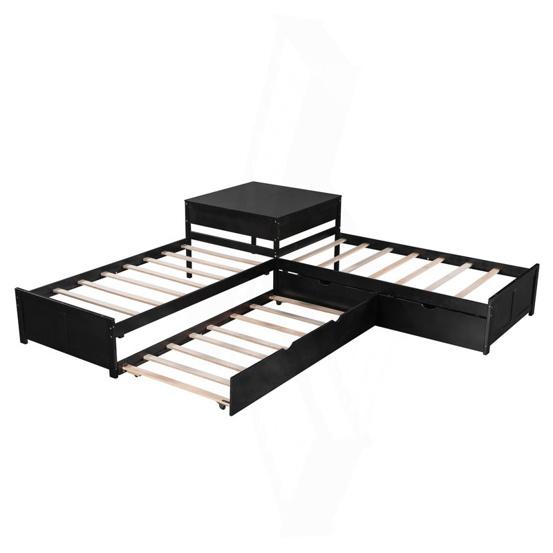 Lit plateforme en L avec lit gigogne et tiroirs reliés par un bureau intégré, simple, espresso, Espresso