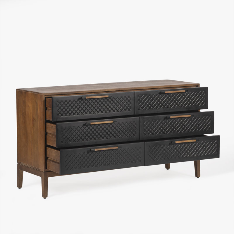 Commode double Naya en noyer noir massif avec 6 tiroirs et quincaillerie en métal à fermeture douce pour chambre à coucher