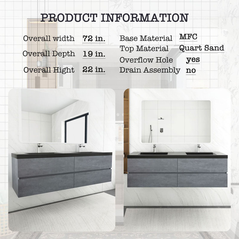 72 po X P 20 po P x 22 po Meuble-lavabo flottant double H gris en ciment avec comptoir en quartz noir mat