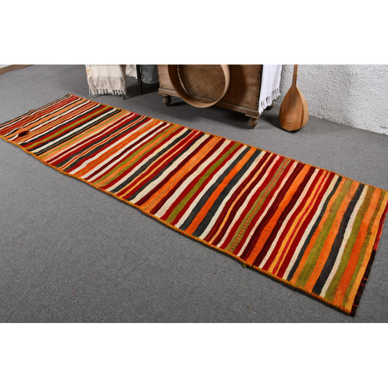 Tapis de style kilim turc rétro fait à la main avec des rayures colorées en laine tissé à plat rouge / vert