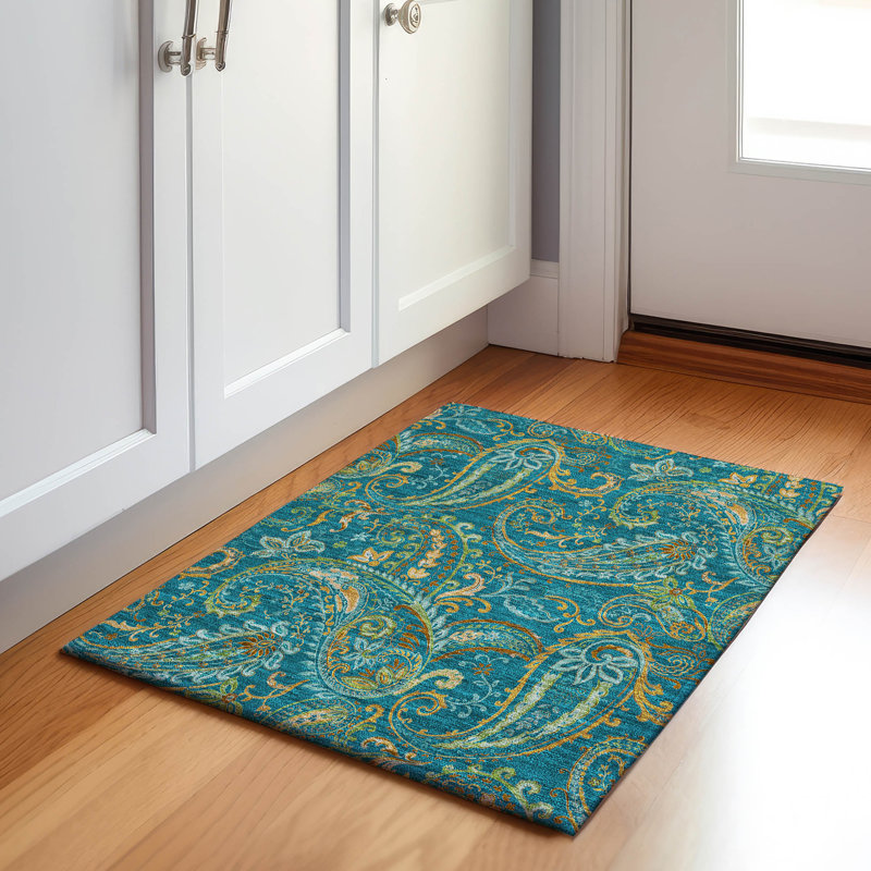 Tapis bleu sarcelle de qualité supérieure lavable à la machine Cerrito AMF533, Rectangle 1 pi 8 po x 2 pi 6 po