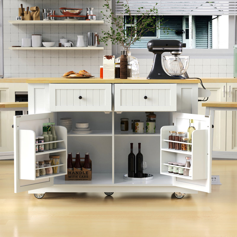 48" Modern Rolling Kitchen Island With Drop Leaf And Power Outlet, Mobile Kitchen Island With Storage Cabinets And 2 Drawers, Wooden Kitchen Cart For Kitchen, Dining Room, White(No Bar Stools)