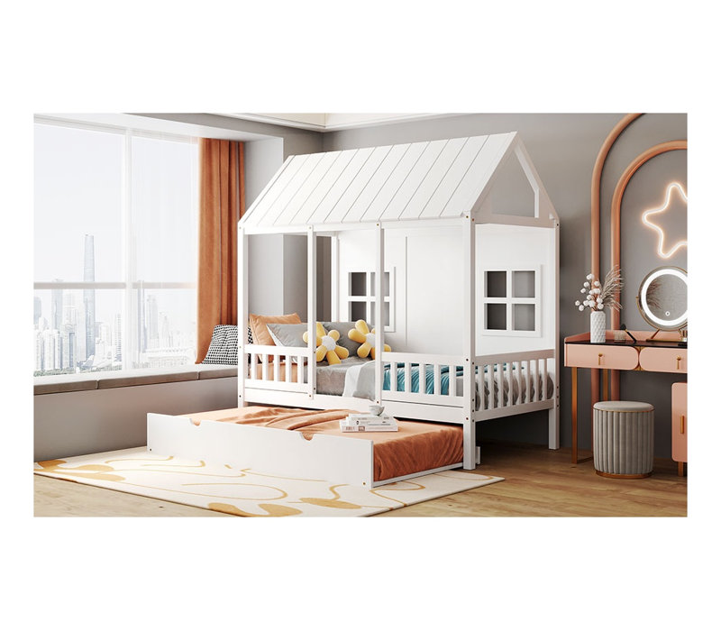 Lit simple en bois avec couchette - Lit de jour pour enfant en pin massif blanc avec toit et fenêtres, Lit simple