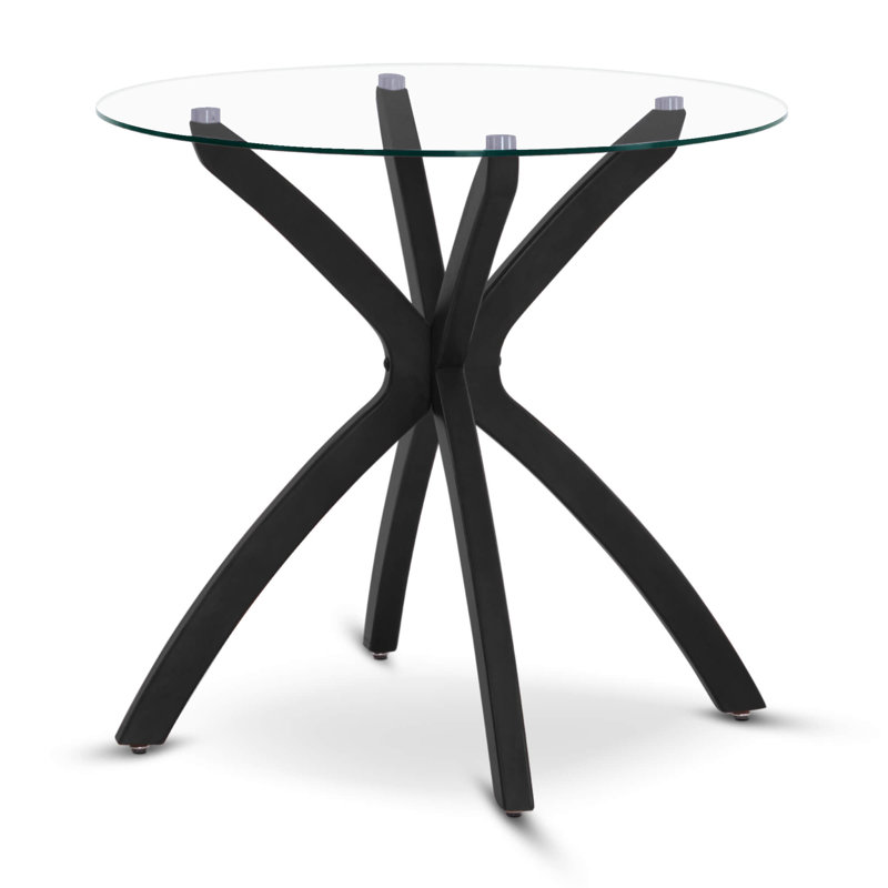 Round Dining Table with Tempered Glass Top and Solid Wood Legs, Black