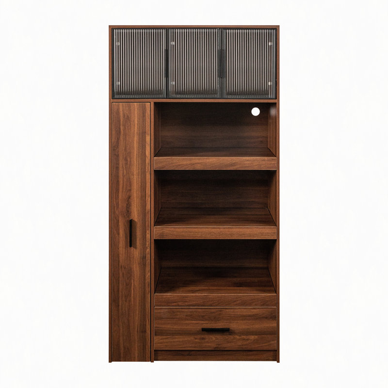 Armoire de cuisine de 70,87 po de hauteur avec tablette de rangement coulissante multi-fonctionnelle multi-niveaux, 1 tiroir, avec porte en verre à cadre en aluminium, cloche à nourriture autoportante avec support à micro-ondes pour salle à manger