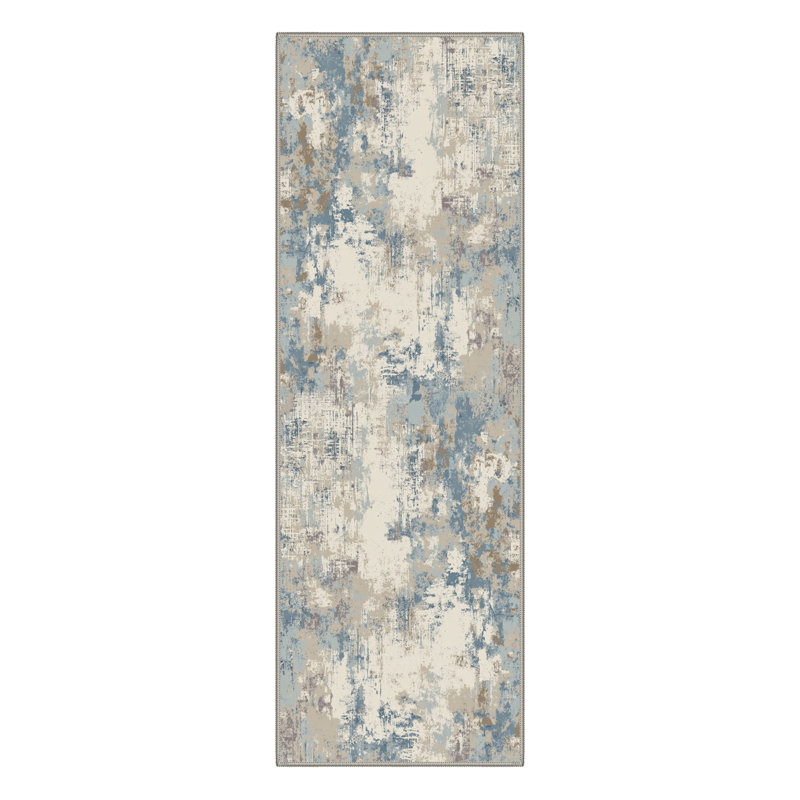 Abstract Strokes Machine Washable Azure Blue Indoor Area Rug With Non-Slip Backing, Runner 2' x 6'