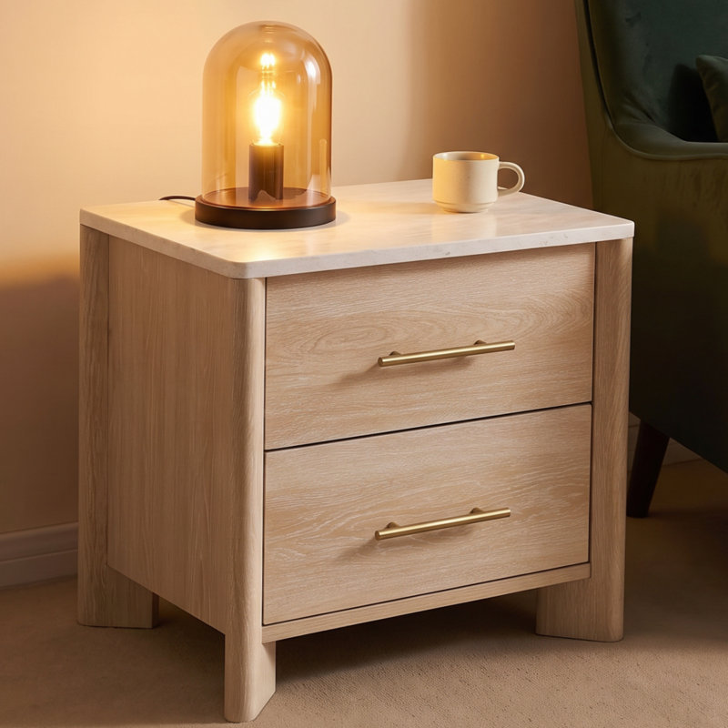 Table de chevet 2 tiroirs 23,6 po avec dessus d'aspect pierre, Warm Chestnut
