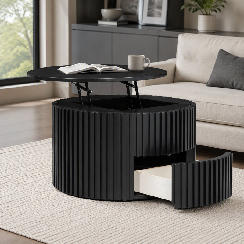 Table basse ronde à plateau relevable, table d'appoint moderne en bois cannelé avec rangement caché pour le salon, Noir